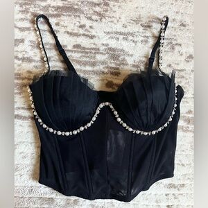 New Black Mesh Bustier Mermaid Cup Crystal and Pearl Beaded Crop Top
